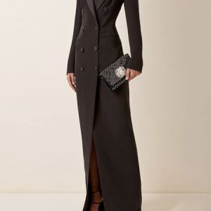 Urban Lapel Collar Long Tuxedo Dress, Maxi Dresses, color:Black|size:XS, Stylewe