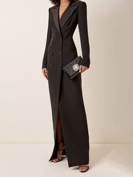 Urban Lapel Collar Long Tuxedo Dress, Maxi Dresses, color:Black|size:XS, Stylewe