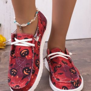 Red Pumpkin Spider Web Halloween Graphics Canvas Flats, Flats, color:Red|size:43, JustFashionNow