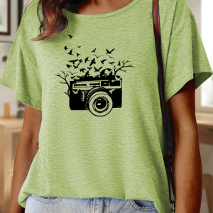 Lilicloth X Cadzart Animals Camera Women’s Cotton Casual Crew Neck T-Shirt, color:Green|size:3XL, Lilicloth.com