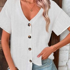 Casual Plain Buttoned V Neck Solid Button Front Drop Shoulder Blouse, Shirts & Blouses, color:White|size:XXL, JustFashionNow