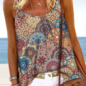 Geometric Tribal Floral Printed Vacation Boho Casual Loosen Spaghetti Tank & Cami, Tanks & Camis, color:Multicolor|size:XXL, JustFashionNow