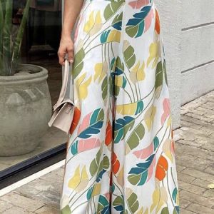 Vacation Regular Fit Leaf Fashion Pants, Pants, color:White|size:XXL, Stylewe