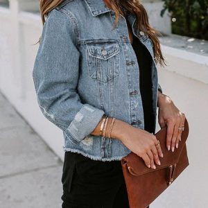 Casual Regular Fit Ripped Distressed Denim Coat Daily Women's Clothing, Jackets, color:Blue|size:XL, JustFashionNow