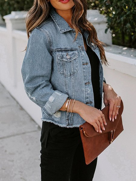 Casual Regular Fit Ripped Distressed Denim Coat Daily Women's Clothing, Jackets, color:Blue|size:XL, JustFashionNow