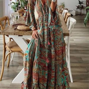 Women Floral V Neck Long Sleeve Comfy Boho Maxi Dress, Maxi, color:Orange|size:5XL, catalog Noracora shop
