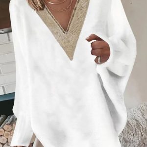 Plain Loose V Neck Casual Sweatshirt, Sweatshirts & Hoodies, color:White|size:XXL, JustFashionNow