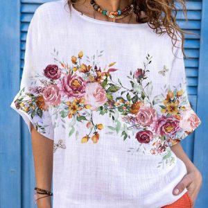 Linen Floral Cotton Crew Neck Shirt, Shirts & Blouses, color:White|size:XXL, JustFashionNow
