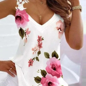 Floral V Neck Casual Regular Fit Knit, Tanks & Camis, color:White|size:XXL, JustFashionNow
