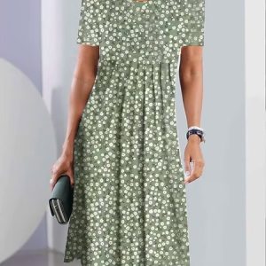 Crew Neck Casual Polka Dots Dress, Midi, color:Green|size:XXL, Noracora
