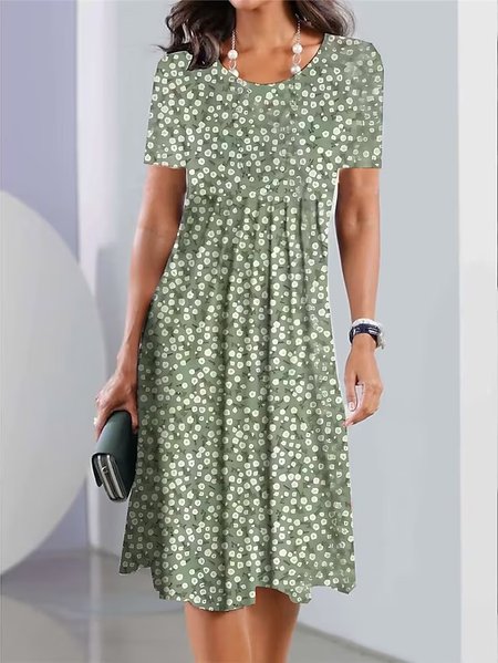 Crew Neck Casual Polka Dots Dress, Dresses, color:Green|size:XXL, JustFashionNow