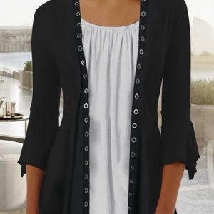 Long Sleeve Plain Grommets Regular Loose Mock Two-Piece Shirt For Women, Blouses, color:Black|size:3XL, Noracora