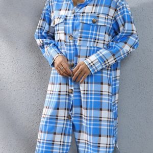 Casual Loose Plaid Trench Coat, Trench Coats, color:Blue|size:XXL, JustFashionNow