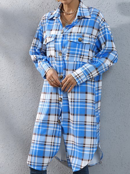 Casual Loose Plaid Trench Coat, Trench Coats, color:Blue|size:XXL, JustFashionNow