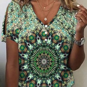 Casual V Neck Loose Ethnic T-Shirt, T-Shirts, color:Green|size:XXL, JustFashionNow