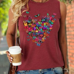 Women's Heart Butterfly Print Letters Crew Neck Casual Tank Top, Tank Tops, Lilicloth.com