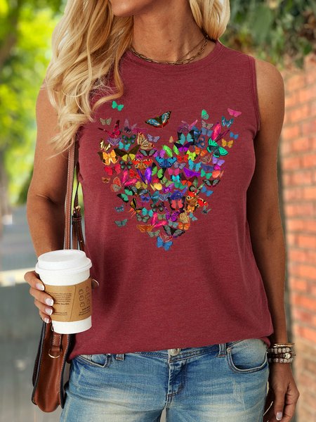 Women's Heart Butterfly Print Letters Crew Neck Casual Tank Top, Tank Tops, Lilicloth.com