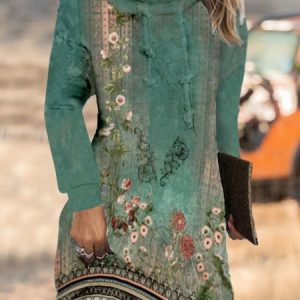 Women Retro Vintage Floral Loose Hoodie Midi Dress, Dresses, color:Cyan|size:XXL, JustFashionNow
