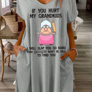 Women's Funny If You Hurt My Grandkids I Will Slap You So Hard Even Google Won T Be Able To Find You Casual Loose V Neck Dress, color:Gray|size:3XL, Lilicloth.com
