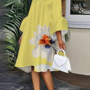Midi Elegant Regular Fit Stand Collar Floral Dress, Mini Dresses, color:Yellow|size:XXL, Stylewe