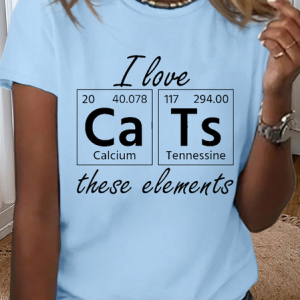 Women’s Cotton I Love Cats Periodic Table For Science Student Cat T-Shirt, color:Light Blue|size:3XL, Lilicloth.com