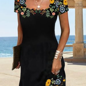 Holiday flower collar a-hem loose Satin Dress, Midi, color:Multicolor|size:XXL, Noracora