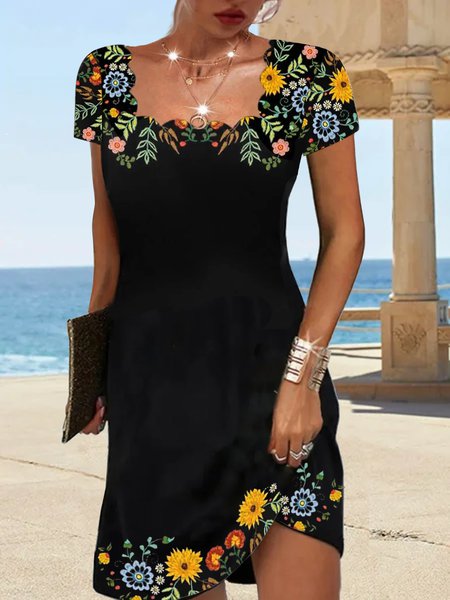 JFN Square neck Floral Elegant Casual Mini Prom Dress, Dresses, color:Multicolor|size:XXL, JustFashionNow