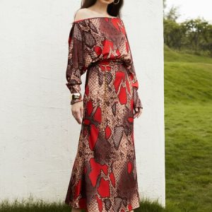 Random Print Loose Urban One Shoulder Dress, Dresses, color:Brown|size:XXL, Stylewe