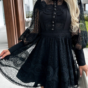 Women Lace Long Sleeve Comfy Party Lace Short Dress, Dresses, color:Black|size:XXL, Noracora