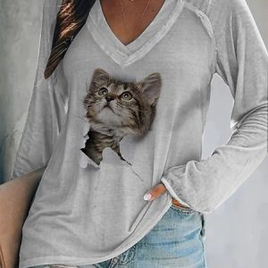 Casual Cat V Neck Raglan Sleeve T-Shirt, T-Shirts, color:Gray|size:XXL, JustFashionNow