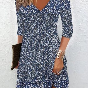Women Abstract Graphic V Neck Three Quarter Sleeve Comfy Casual Midi Dress, Midi, color:Blue|size:XXL, catalog Noracora shop