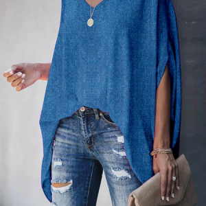 Loose Lightweight V neck Short sleeve Urban faux denim Top, Blouses and Shirts, color:Denim Blue|size:XXL, Stylewe