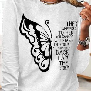 Crew Neck Long Sleeve Text Letters Regular Micro-Elasticity Regular Fit Shirt For Women, Blouses, color:White|size:3XL, Noracora