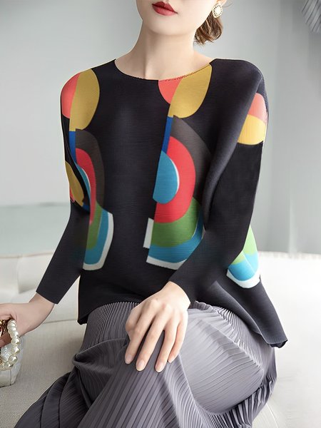 Regular Fit Polka Dots Elegant Crew Neck Shirt, Blouses and Shirts, color:Black|size:XXL, Stylewe