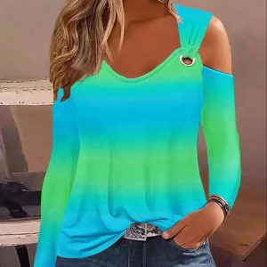 Crew Neck Long Sleeve Striped Regular Micro-Elasticity Loose Shirt For Women, Blouses, color:Cyan|size:XXL, Noracora