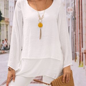 Casual Long Sleeve Crew Neck Blouse, T-Shirts, color:Light Gray|size:3XL, JustFashionNow