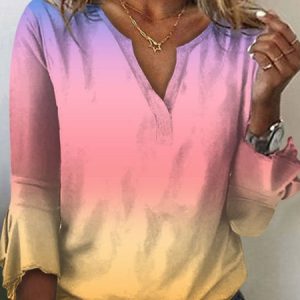 Casual Ombre Notched Three Quarter Sleeve T-shirt, T-shirts, color:Multicolor|size:3XL, Noracora