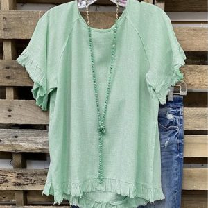 Khaki Casual Plain Linen T-shirt, T-Shirts, color:Light_green|size:3XL, JustFashionNow