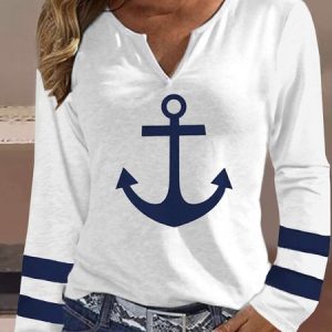 Casual Anchor Notched Long Sleeve T-shirt, T-shirts, color:White|size:XXL, Noracora