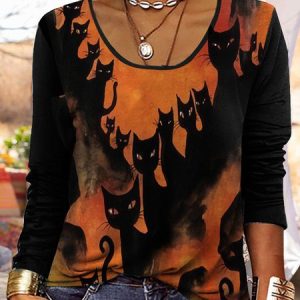 Halloween cute cat loose T-Shirt, T-Shirts, color:Orange Red|size:XXL, JustFashionNow