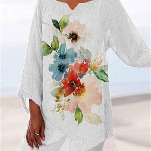 JFN Round Neck Floral Tulip Hem Vacation Tunic Top, Shirts & Blouses, color:White|size:3XL, JustFashionNow