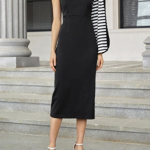 Asymmetrical Neck Bodycon Elegant Midi Dress, Dresses, color:Black|size:XXL, Stylewe