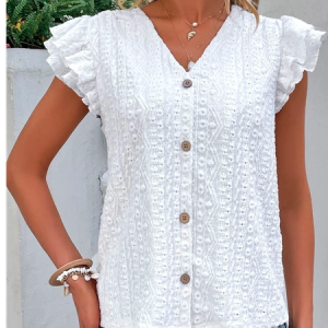 V Neck Vacation Loose Eyelet Embroidery Ruffle Trim Button Front Shirt, Shirts & Blouses, color:White|size:XXL, JustFashionNow