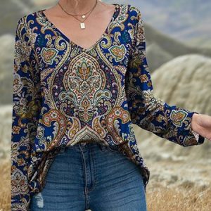 Paisley V Neck boho T-Shirt, T-Shirts, color:Multicolor|size:XXL, JustFashionNow