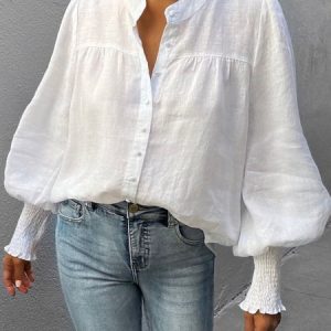 V Neck Lantern Sleeve Loose Plain Blouse, Blouses and Shirts, color:White|size:XS, Stylewe