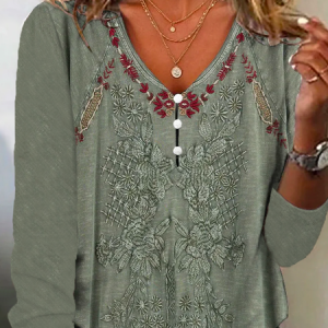Plus size Ethnic V Neck Casual Buttoned Shirt, Shirts & Blouses, color:Green|size:4X, JustFashionNow