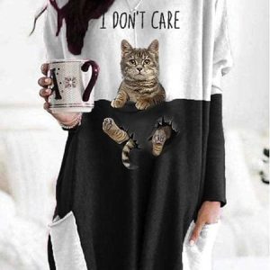 Crew Neck Long Sleeve Cat Regular Micro-Elasticity Loose Shirt For Women, Blouses, color:Black|size:4XL, Noracora