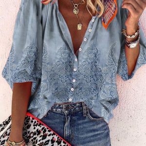 Loose Vacation Ethnic Blouse, Shirts & Blouses, color:Blue|size:XXL, JustFashionNow