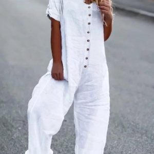 Loose Plain Crew Neck Casual Jumpsuit, Jumpsuits&Rompers, color:White|size:XXL, JustFashionNow