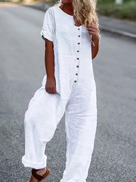 Loose Plain Crew Neck Casual Jumpsuit, Jumpsuits&Rompers, color:White|size:XXL, JustFashionNow